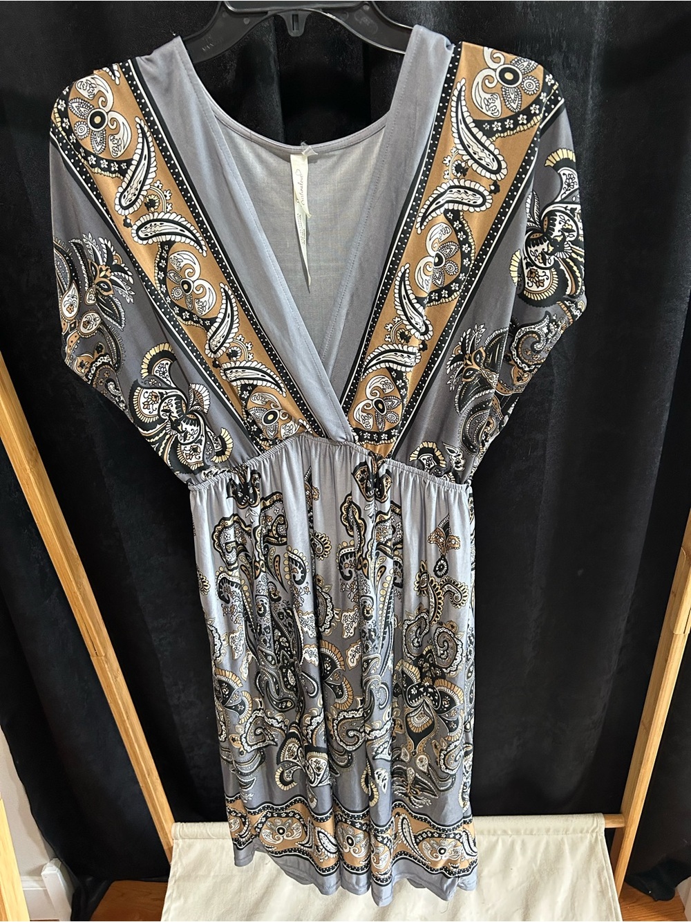 Cristinalove Grey Paisley V-Neck Dress with Tan Accents